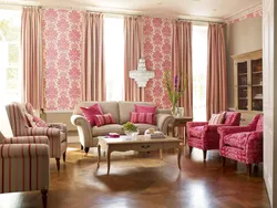 Interior of curtains in the bedroom with pink wallpaper