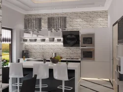 Дизайн белой кирпичной стены на кухне