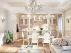 Design of a classic kitchen combined with a living room