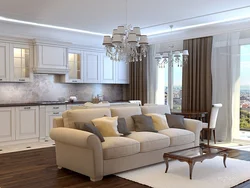Design Of A Classic Kitchen Combined With A Living Room
