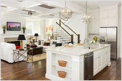 White kitchens combined with living room photo