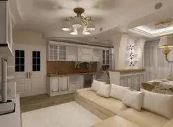 White kitchens combined with living room photo