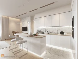 White kitchens combined with living room photo