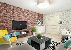Living room wall made of white brick photo