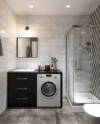 Bathroom design with shower and toilet made of tiles and washing machine