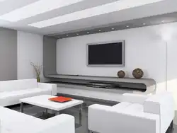 Photo of a living room with a TV on the wall