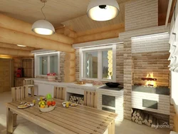 Kitchen design living room in a wooden house photo