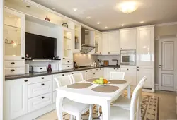 Кухня гостиная с белым гарнитуром дизайн