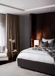Bedroom design with dark curtains