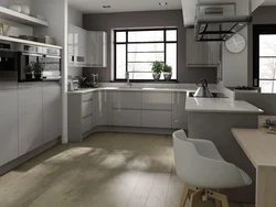 White Kitchen With Gray Floor In The Interior