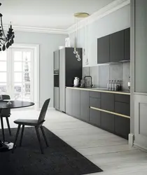 White kitchen with gray floor in the interior