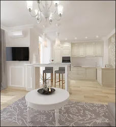 Modern living room interior with white kitchen