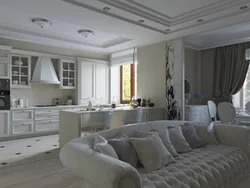 Modern living room interior with white kitchen