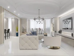 Modern living room interior with white kitchen