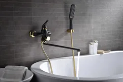 Black bathtub faucets in the interior photo