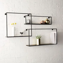 Glass shelves on the wall in the living room interior