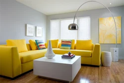 Living room design in gray and yellow color