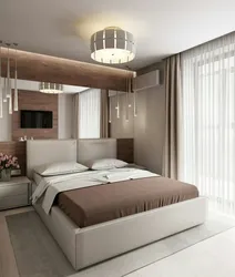 Müxtəlif divarlarda pəncərə və balkon ilə yataq otağı dizaynı
