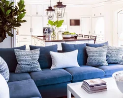 Blue sofa in the kitchen interior photo