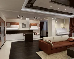 Interior design of living room floor with kitchen