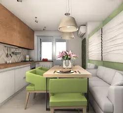 Дизайн прямоугольной кухни с диваном
