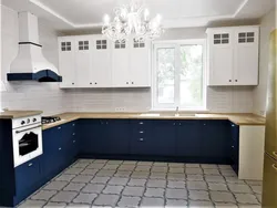 White Kitchen With Blue Bottom Photo