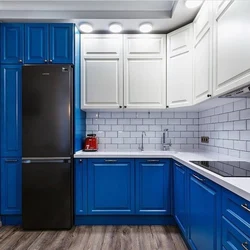 Кухня белая с синим низом фото