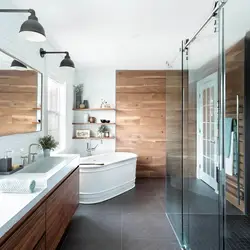 White bathroom design with wood