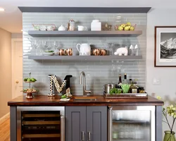 Kitchen without cabinets only shelves photo