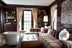 Brown wallpaper with flowers in the living room interior photo