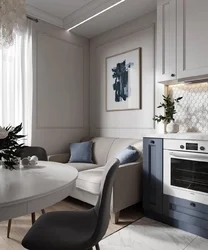 Square kitchen design with sofa and TV photo