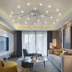 Освещение в гостиной в современном стиле с натяжным потолком фото