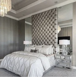 Wall design at the head of the bed in the bedroom photo