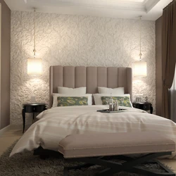 Wall design at the head of the bed in the bedroom photo