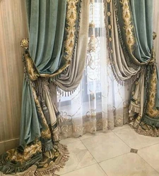 Velvet curtains in the bedroom interior photo