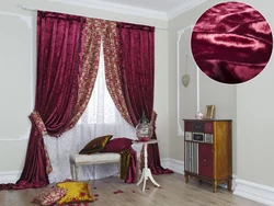 Velvet curtains in the bedroom interior photo
