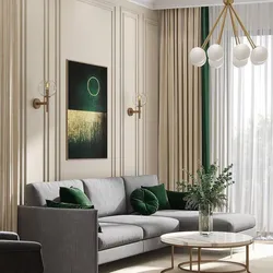 Emerald curtains in the living room interior