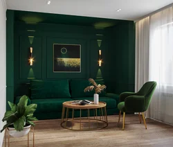 Emerald curtains in the living room interior