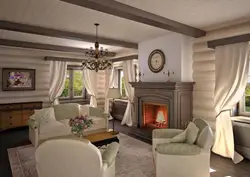 Fireplaces in a wooden living room interior