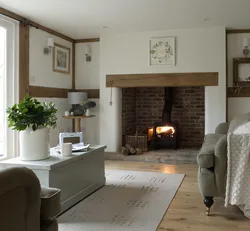 Fireplaces in a wooden living room interior