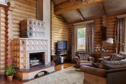 Fireplaces in a wooden living room interior