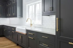 Gray kitchen with wooden facades photo