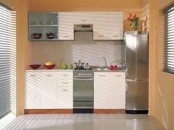 Фото кухни в линию с холодильником