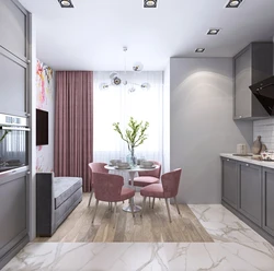 Kitchen design in a modern style with a sofa 10 sq m