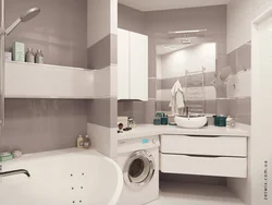 Дизайн ванной комнаты прямоугольной с туалетом и стиральной машиной