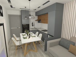 Kitchen design living room 10 m2 with sofa
