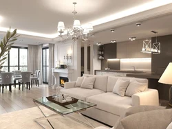 Design of a kitchen living room in a house in a modern style in light colors
