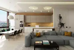 Design Of A Kitchen Living Room In A House In A Modern Style In Light Colors