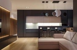 Design of a kitchen living room in a house in a modern style in light colors