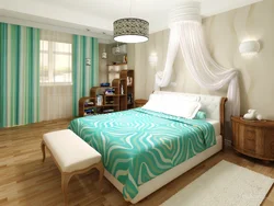 Beige turquoise bedroom photo